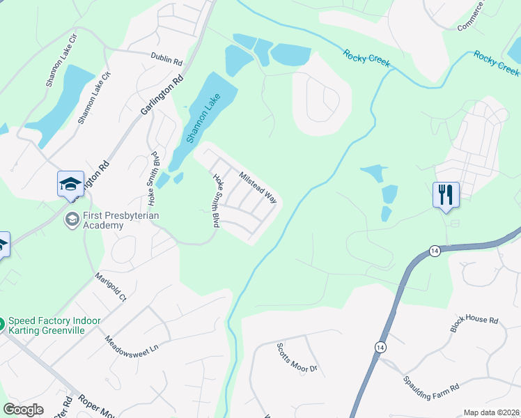 map of restaurants, bars, coffee shops, grocery stores, and more near 11 Stone Meadow Road in Greenville