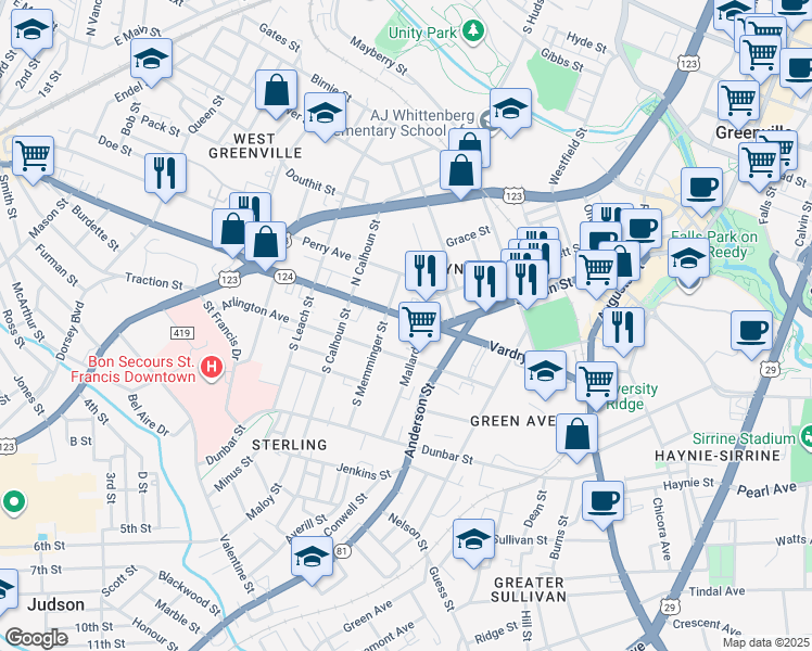 map of restaurants, bars, coffee shops, grocery stores, and more near 9 South Memminger Street in Greenville