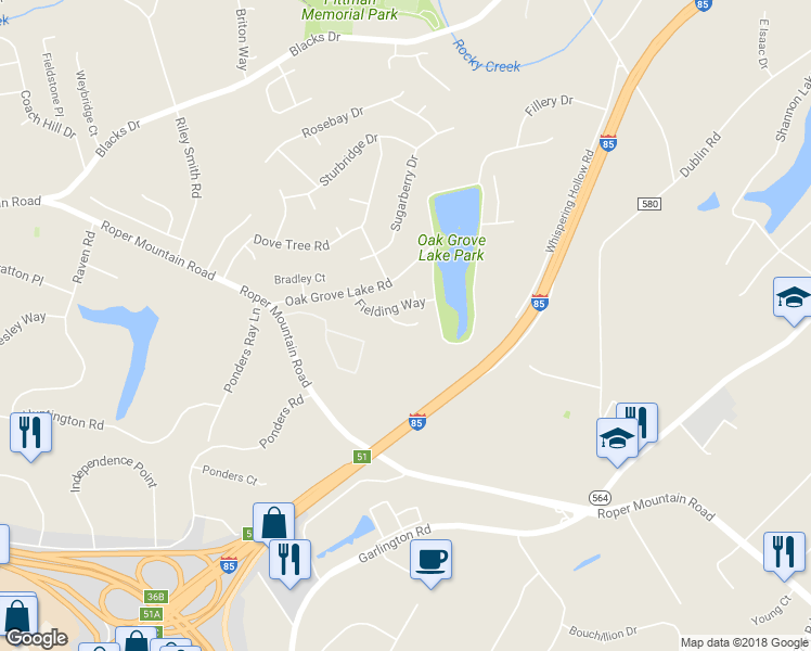 map of restaurants, bars, coffee shops, grocery stores, and more near Oak Pointe Court in Greenville