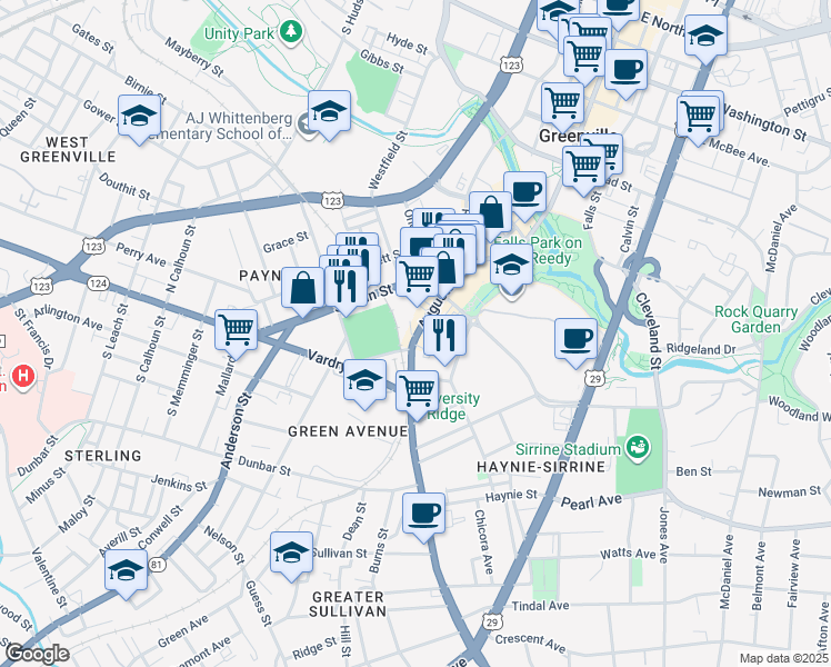 map of restaurants, bars, coffee shops, grocery stores, and more near 282 Field Street in Greenville