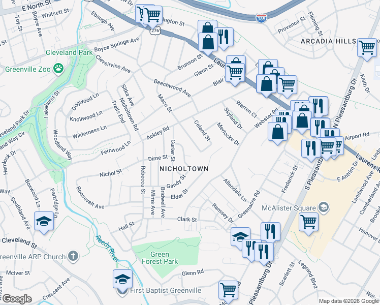 map of restaurants, bars, coffee shops, grocery stores, and more near 234 Maco Terrace in Greenville