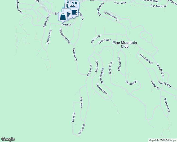 map of restaurants, bars, coffee shops, grocery stores, and more near 1909 Bernina Drive in Frazier Park