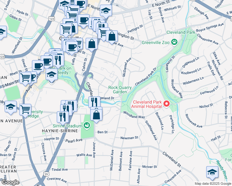 map of restaurants, bars, coffee shops, grocery stores, and more near 160 Ridgeland Drive in Greenville