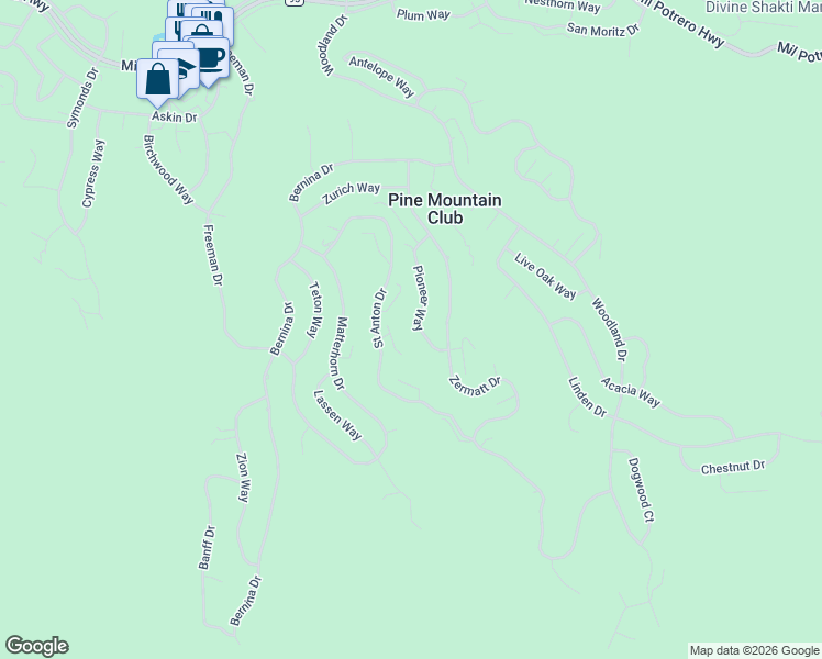 map of restaurants, bars, coffee shops, grocery stores, and more near 1909 Pioneer Way in Pine Mountain Club