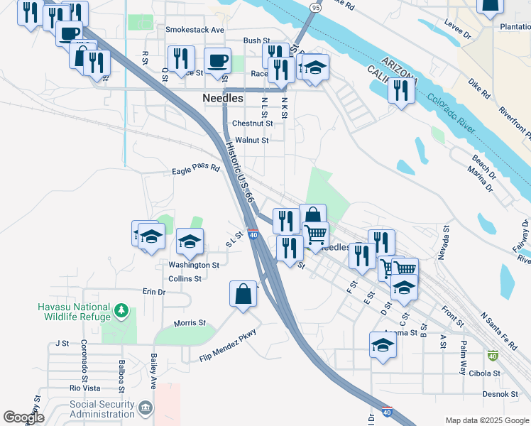 map of restaurants, bars, coffee shops, grocery stores, and more near 1416 West Broadway Street in Needles
