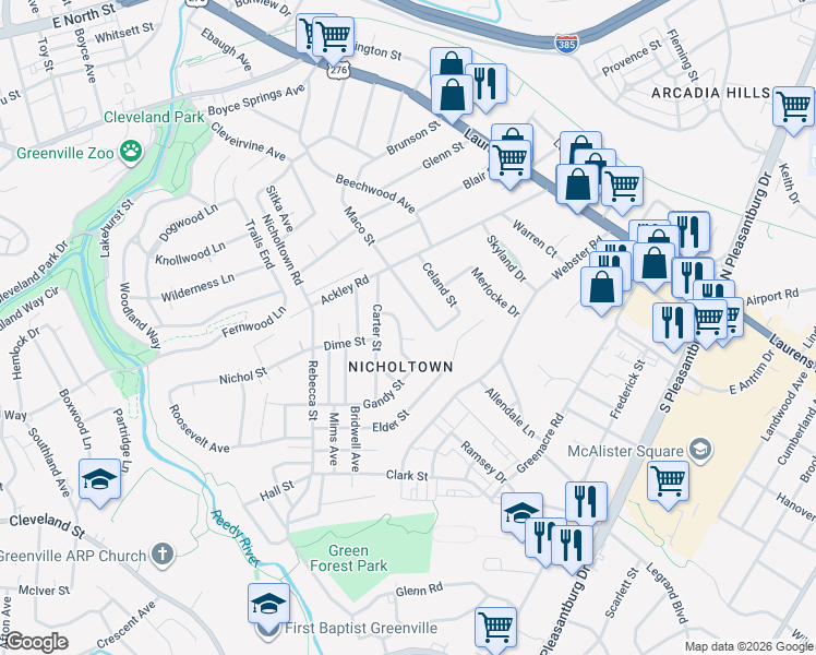 map of restaurants, bars, coffee shops, grocery stores, and more near 234 Maco Terrace in Greenville
