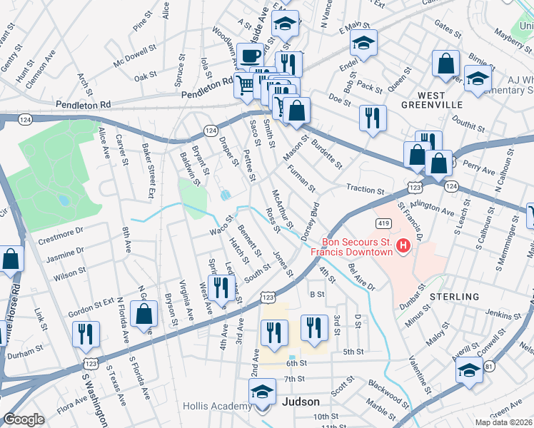 map of restaurants, bars, coffee shops, grocery stores, and more near 13 Ross Street in Greenville