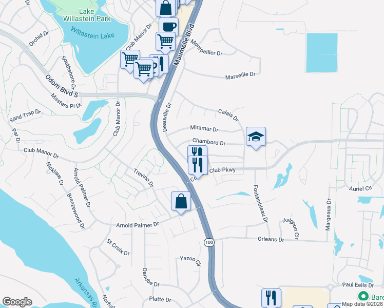 map of restaurants, bars, coffee shops, grocery stores, and more near 130 Deauville Drive in Maumelle