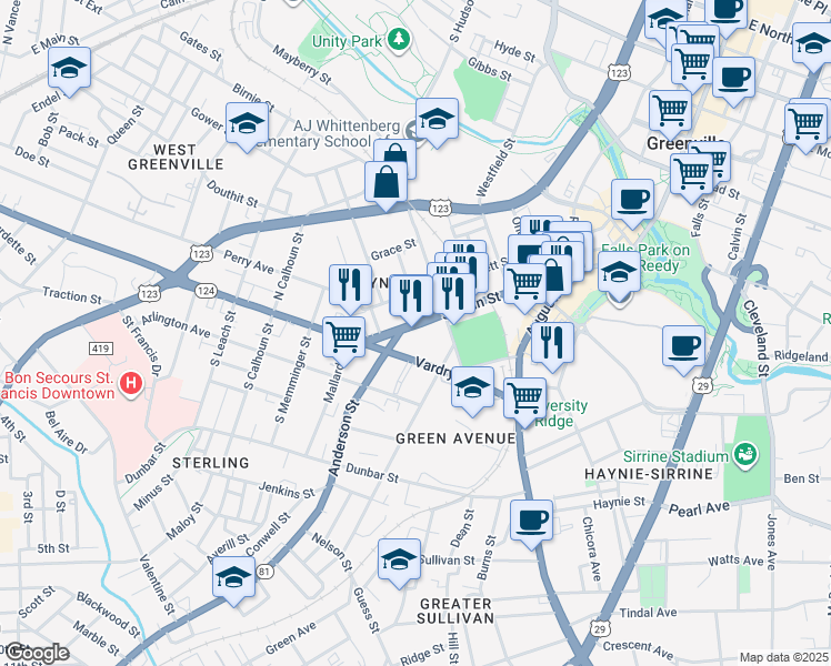 map of restaurants, bars, coffee shops, grocery stores, and more near 1015 South Main Street in Greenville