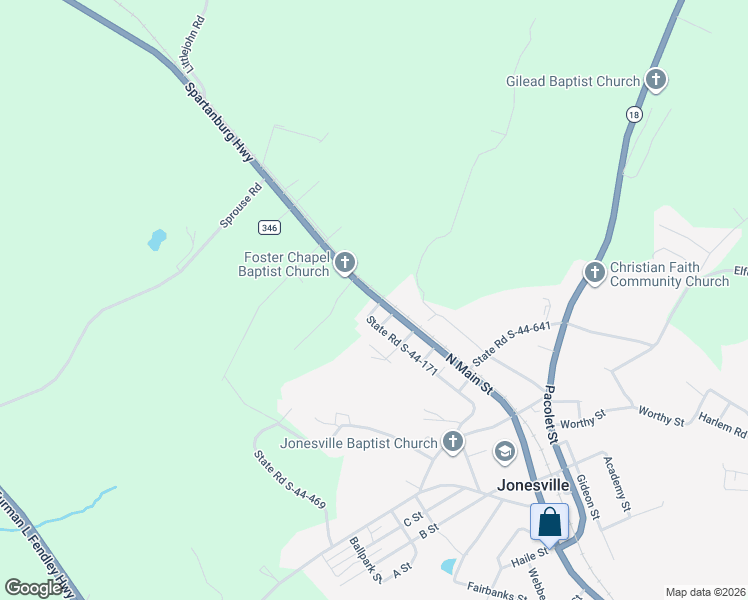 map of restaurants, bars, coffee shops, grocery stores, and more near 117 Fosters Chapel Church Road in Jonesville