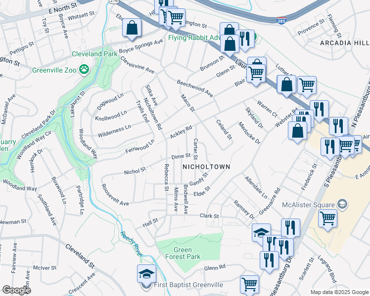 map of restaurants, bars, coffee shops, grocery stores, and more near 18 Palm Street in Greenville