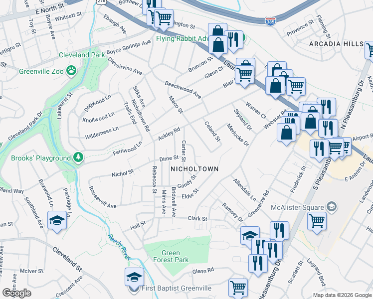 map of restaurants, bars, coffee shops, grocery stores, and more near 119 Carter Street in Greenville