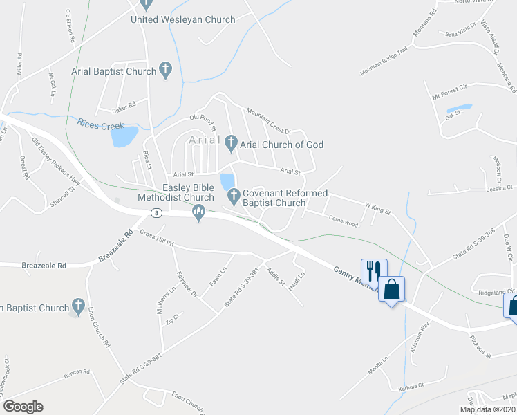 map of restaurants, bars, coffee shops, grocery stores, and more near 105 Margaret Street in Easley