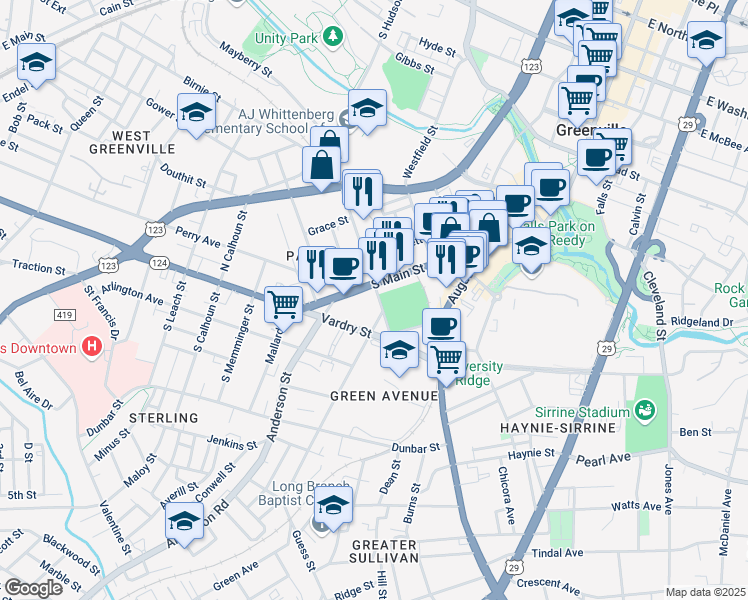 map of restaurants, bars, coffee shops, grocery stores, and more near 1015 South Main Street in Greenville