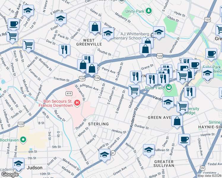 map of restaurants, bars, coffee shops, grocery stores, and more near 13 South Calhoun Street in Greenville