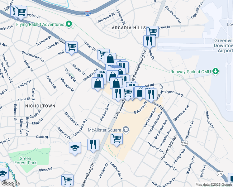 map of restaurants, bars, coffee shops, grocery stores, and more near 22 West Antrim Drive in Greenville