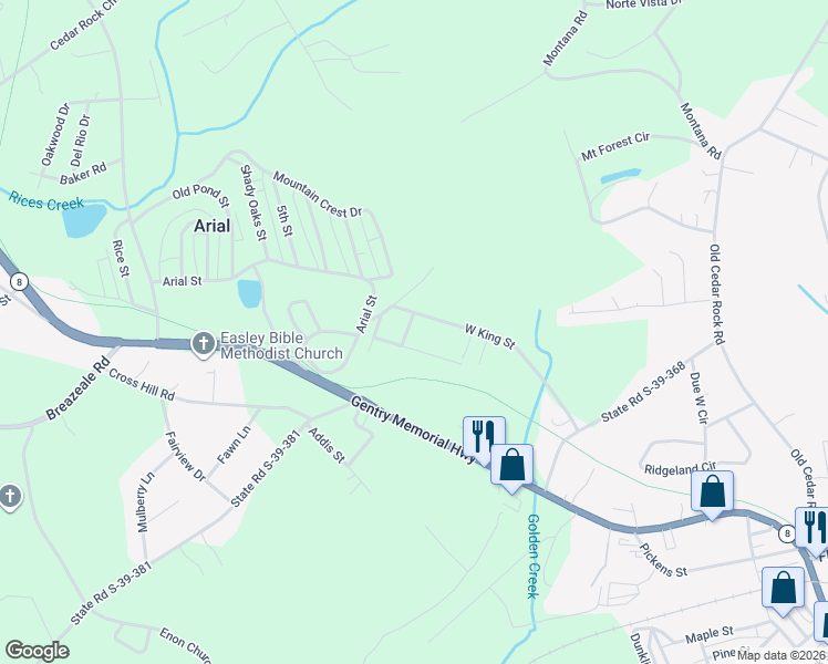 map of restaurants, bars, coffee shops, grocery stores, and more near 203 Cornerwood in Easley