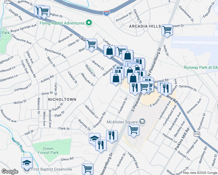 map of restaurants, bars, coffee shops, grocery stores, and more near 132 Greenacre Road in Greenville
