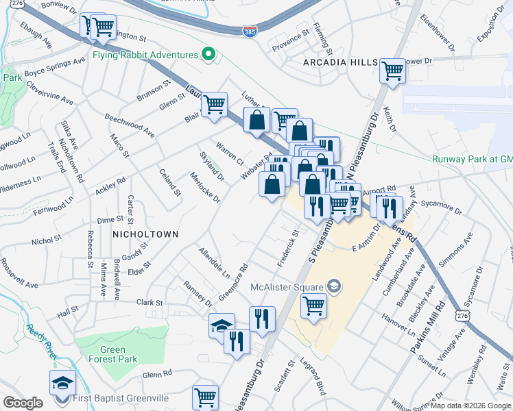 map of restaurants, bars, coffee shops, grocery stores, and more near 132 Greenacre Road in Greenville