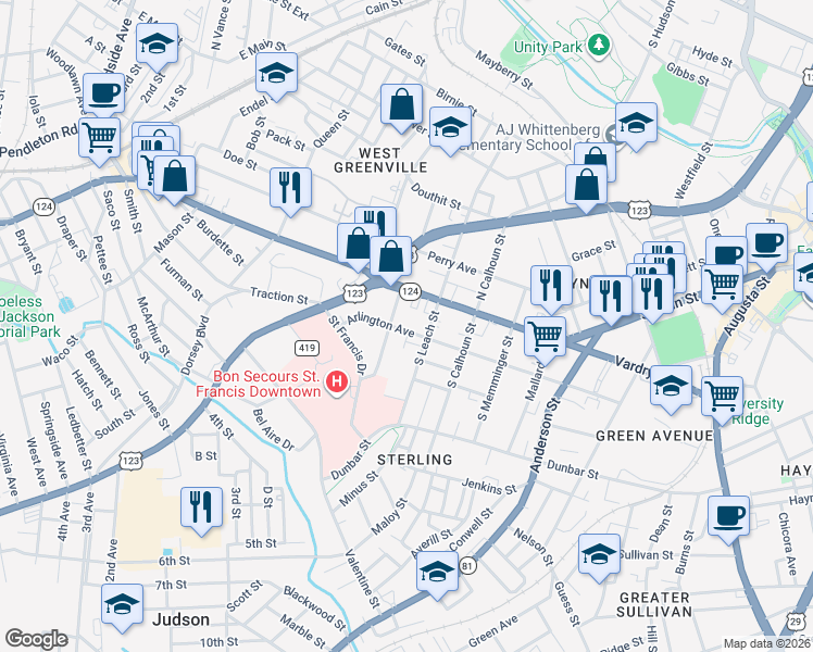 map of restaurants, bars, coffee shops, grocery stores, and more near 107 Sumner Street in Greenville