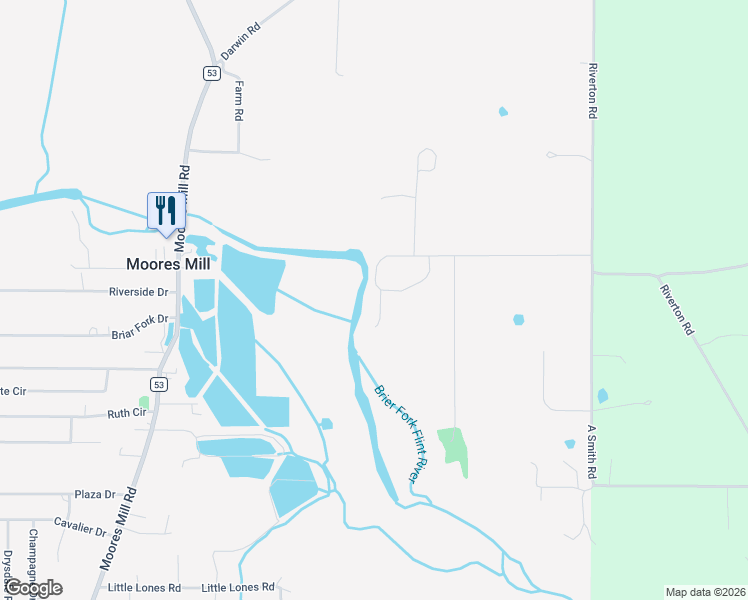 map of restaurants, bars, coffee shops, grocery stores, and more near 216 Little River Road in Huntsville