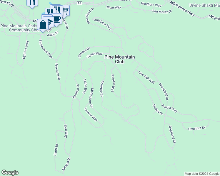 map of restaurants, bars, coffee shops, grocery stores, and more near 1917 Pioneer Way in Pine Mountain Club
