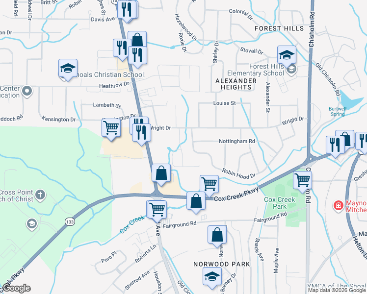 map of restaurants, bars, coffee shops, grocery stores, and more near 105 Shelley Lane in Florence
