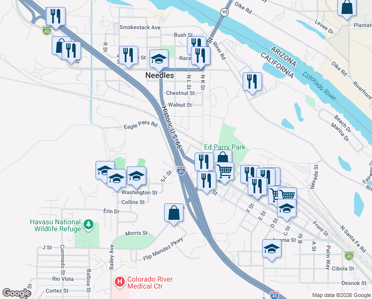 map of restaurants, bars, coffee shops, grocery stores, and more near 1513 Front Street in Needles