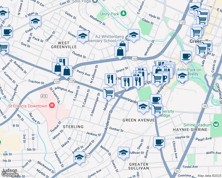 map of restaurants, bars, coffee shops, grocery stores, and more near 598 Pendleton Street in Greenville