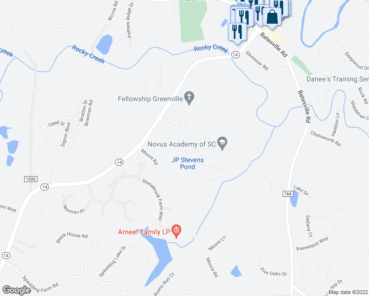 map of restaurants, bars, coffee shops, grocery stores, and more near 9 Braelock Court in Greenville
