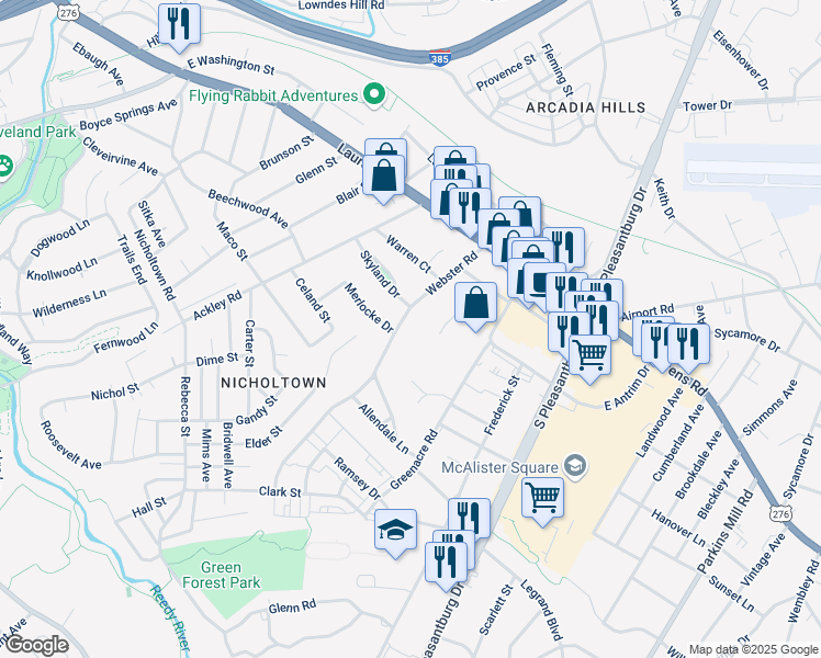 map of restaurants, bars, coffee shops, grocery stores, and more near 201 Webster Road in Greenville