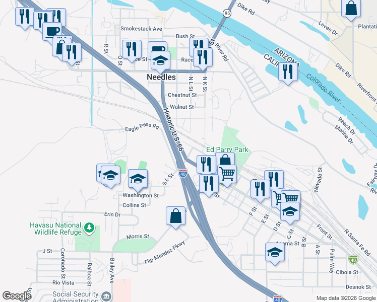 map of restaurants, bars, coffee shops, grocery stores, and more near in Needles