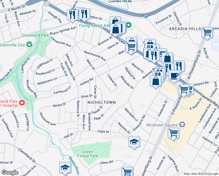 map of restaurants, bars, coffee shops, grocery stores, and more near 227 Maco Terrace in Greenville
