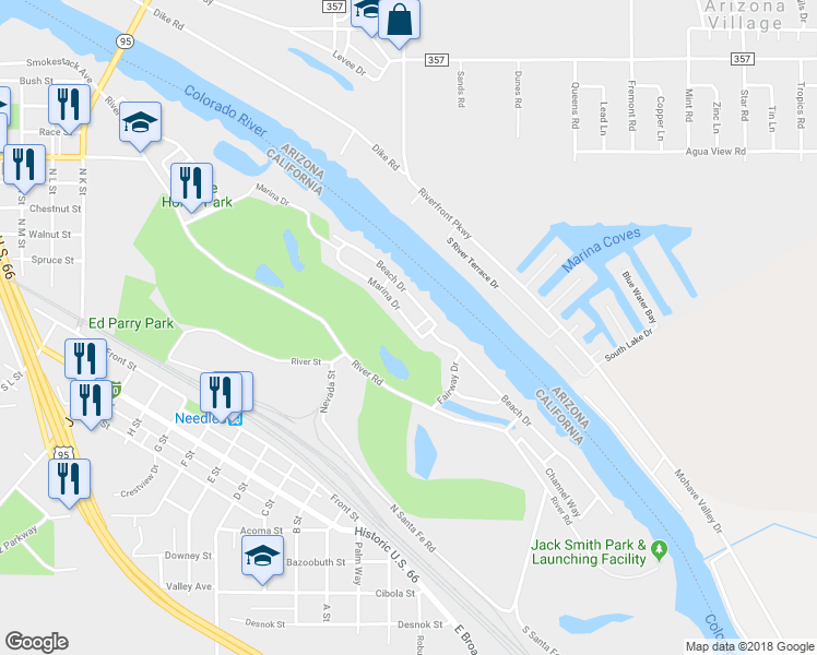map of restaurants, bars, coffee shops, grocery stores, and more near 1123 Marina Drive in Needles