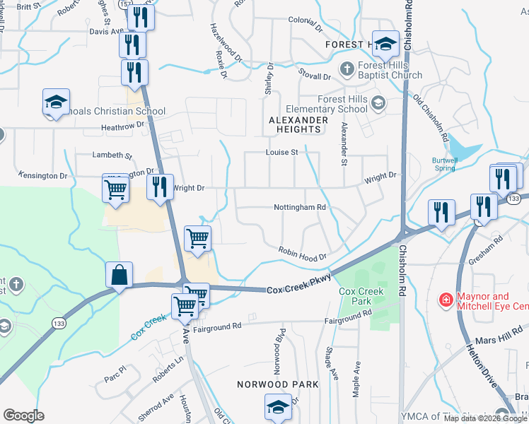 map of restaurants, bars, coffee shops, grocery stores, and more near 309-399 Nottingham Rd in Florence