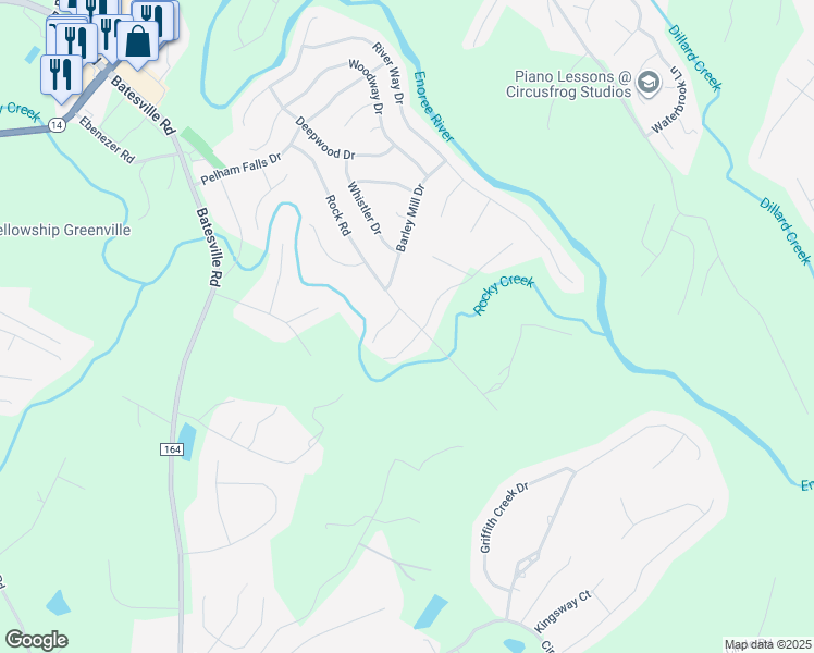 map of restaurants, bars, coffee shops, grocery stores, and more near 101 Shoals Road in Greer