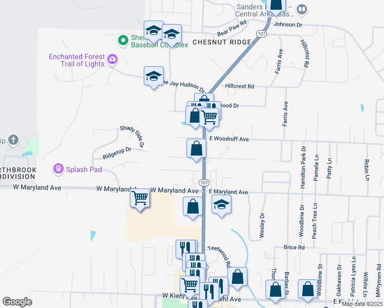 map of restaurants, bars, coffee shops, grocery stores, and more near 9709 Arkansas 107 in Sherwood