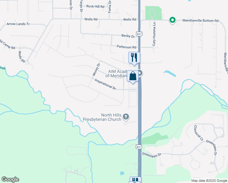 map of restaurants, bars, coffee shops, grocery stores, and more near 122 Inspirational Drive in Meridianville