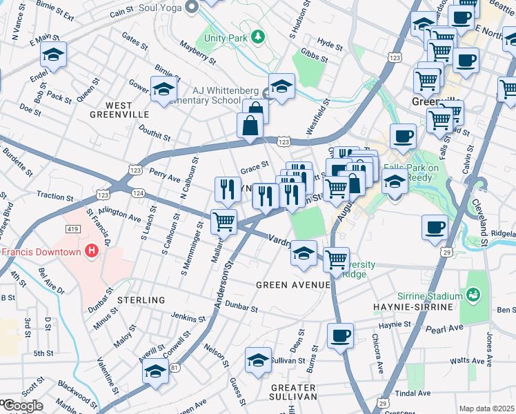 map of restaurants, bars, coffee shops, grocery stores, and more near in Greenville