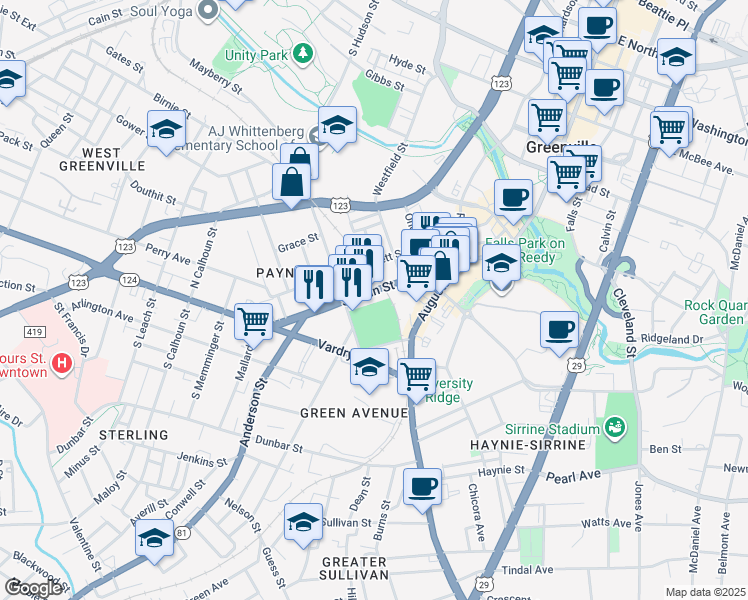 map of restaurants, bars, coffee shops, grocery stores, and more near 927 South Main Street in Greenville