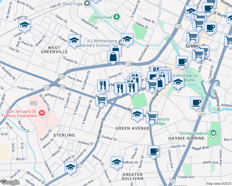 map of restaurants, bars, coffee shops, grocery stores, and more near 1108 South Main Street in Greenville