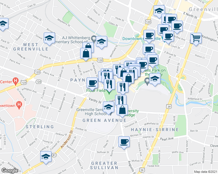 map of restaurants, bars, coffee shops, grocery stores, and more near 930 South Main Street in Greenville
