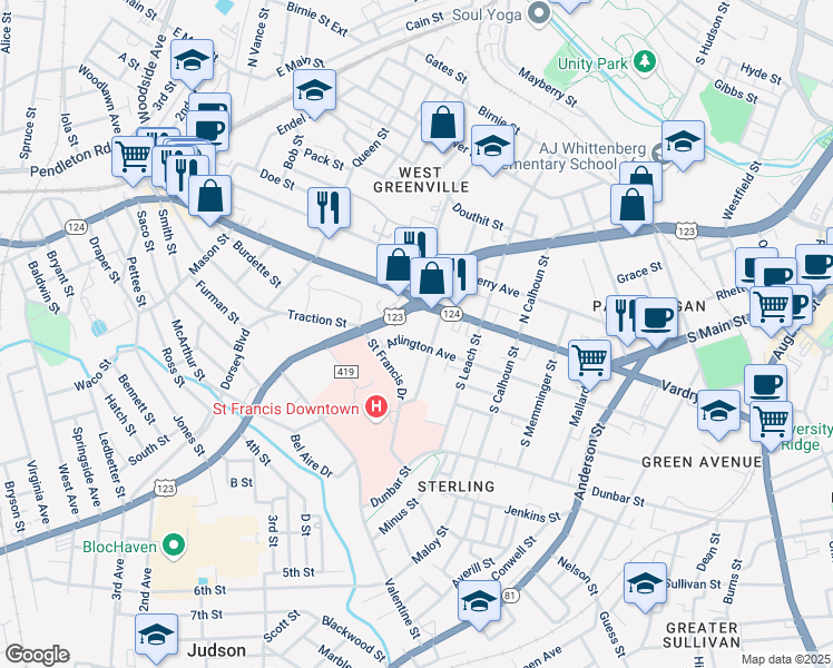 map of restaurants, bars, coffee shops, grocery stores, and more near 11 Easley Bridge Road in Greenville