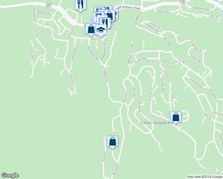 map of restaurants, bars, coffee shops, grocery stores, and more near 1912 Freeman Drive in Pine Mountain Club
