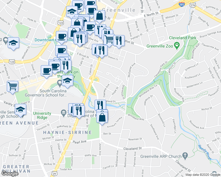 map of restaurants, bars, coffee shops, grocery stores, and more near 405 East Camperdown Way in Greenville