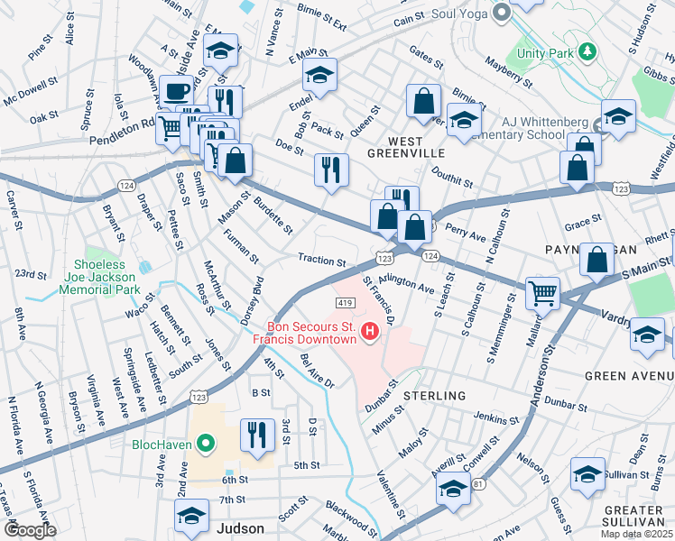 map of restaurants, bars, coffee shops, grocery stores, and more near 141 Traction Street in Greenville