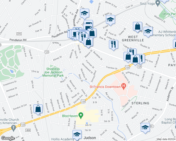 map of restaurants, bars, coffee shops, grocery stores, and more near 13 Woodward Street in Greenville