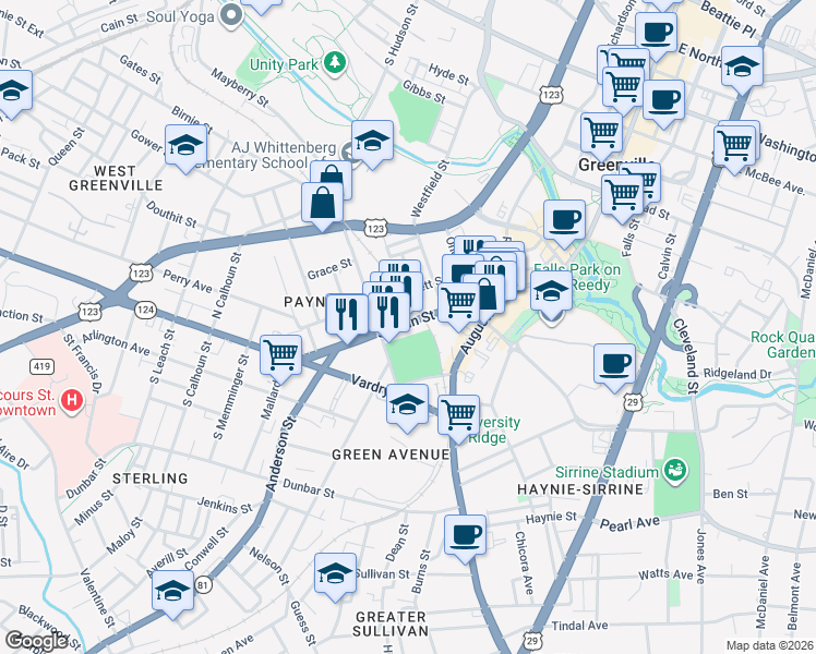 map of restaurants, bars, coffee shops, grocery stores, and more near 930 South Main Street in Greenville