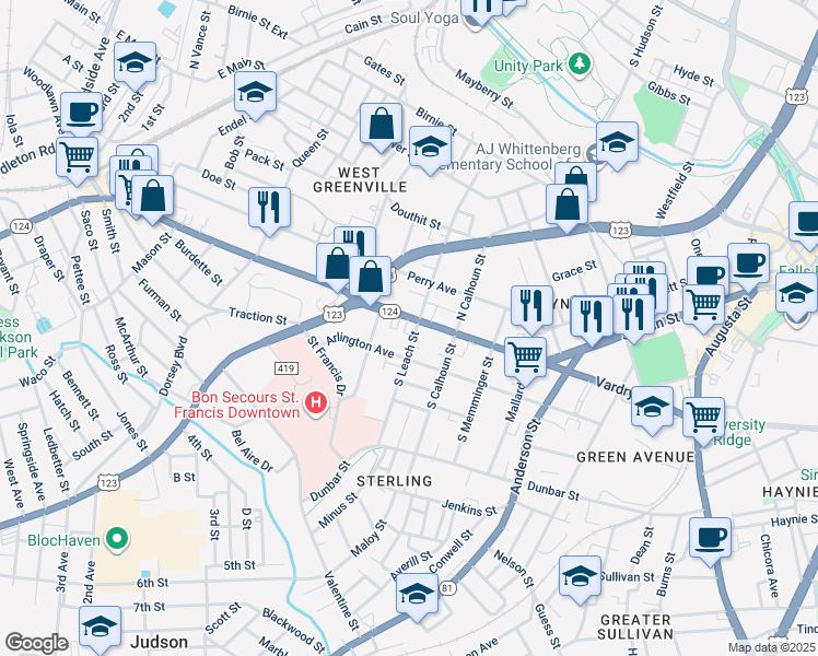 map of restaurants, bars, coffee shops, grocery stores, and more near 900 South Carolina 124 in Greenville
