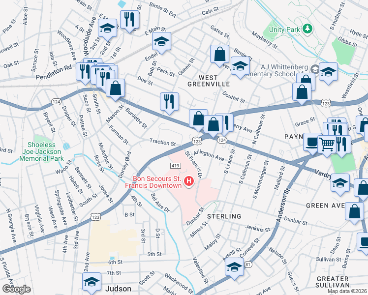 map of restaurants, bars, coffee shops, grocery stores, and more near 203 Easley Bridge Road in Greenville